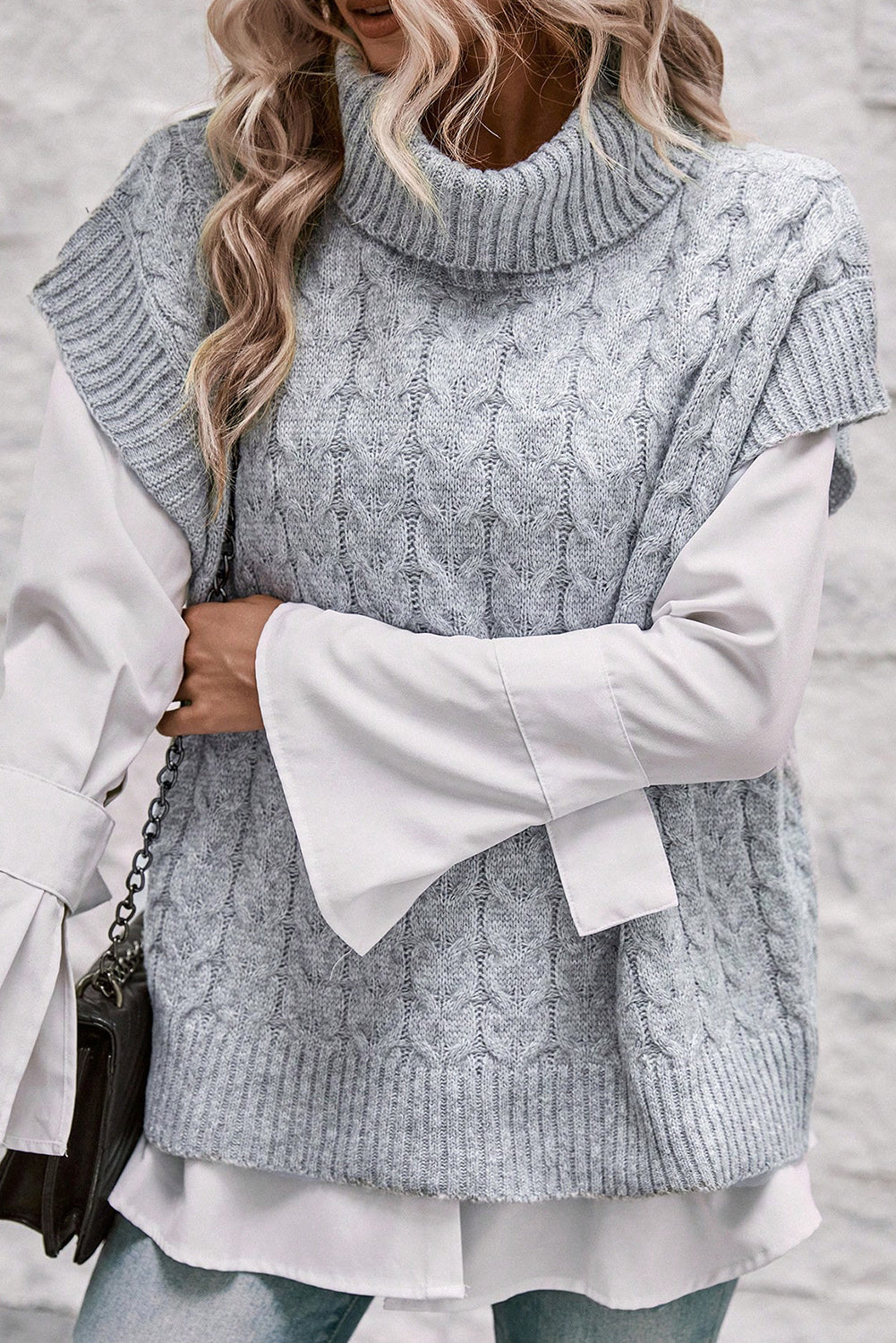 Medium Grey Turtleneck Short Batwing Sleeve Cable Knit Sweater Sweaters & Cardigans JT's Designer Fashion