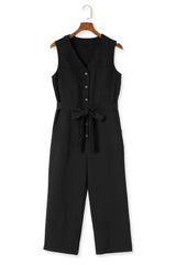 Black Buttoned Sleeveless Cropped Jumpsuit with Sash Jumpsuits & Rompers JT's Designer Fashion