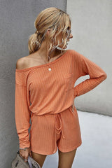 Orange Ribbed Drawstring Waist Long Sleeve Romper Loungewear JT's Designer Fashion