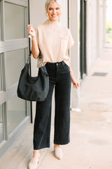 Oatmeal Patch Pocket Ribbed Knit Short Sleeve Sweater Sweaters & Cardigans JT's Designer Fashion