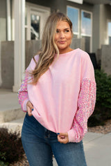 Pink Plus Size Sequin Sleeve Drop Shoulder Sweatshirt Plus Size JT's Designer Fashion