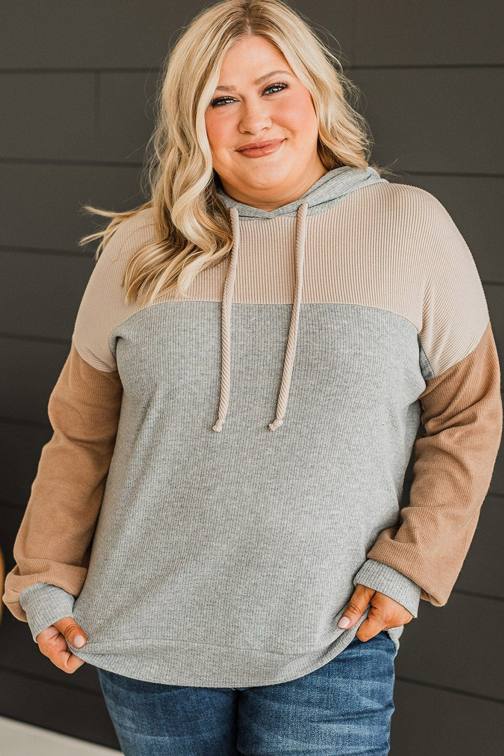 Multicolour Plus Size Colorblock Drop Shoulder Balloon Sleeve Hoodie Plus Size JT's Designer Fashion