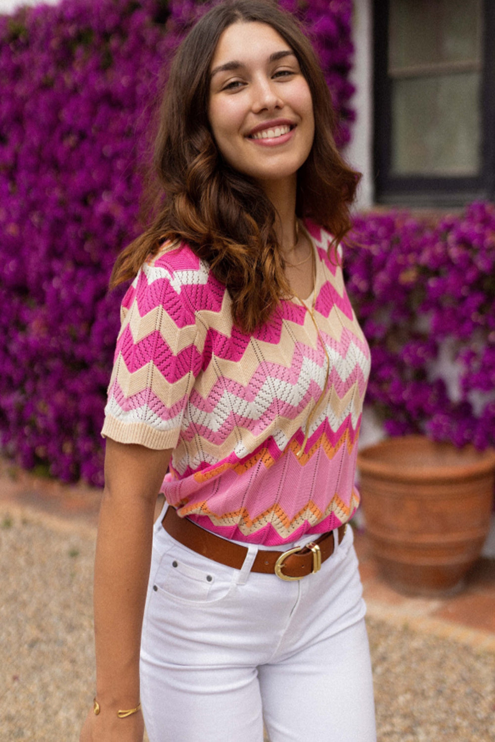 Pink Stripe Chevron Pointelle Knit V Neck Short Sleeve Sweater Sweaters & Cardigans JT's Designer Fashion