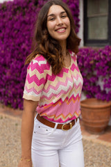 Pink Stripe Chevron Pointelle Knit V Neck Short Sleeve Sweater Sweaters & Cardigans JT's Designer Fashion