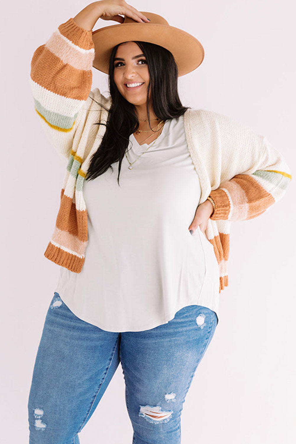 Beige Plus Size Striped Print Open Front Cardigan Plus Size JT's Designer Fashion