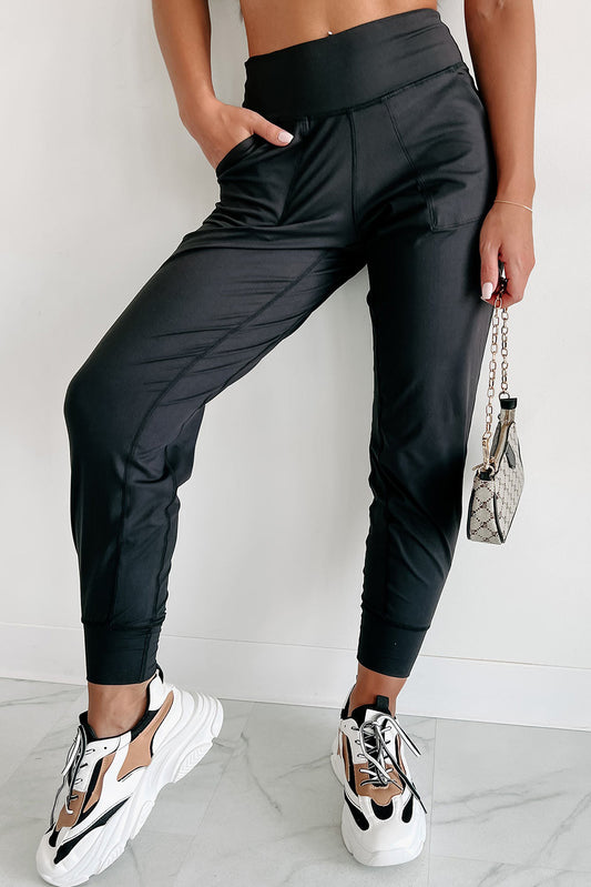 Black Exposed Seam Pocketed High Waist Jogger Pants Bottoms JT's Designer Fashion