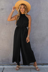 Black Halter Neck Pleated Wide Leg Jumpsuit with Belt Black 100%Polyester Jumpsuits & Rompers JT's Designer Fashion