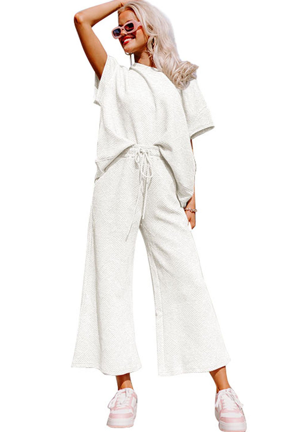 Bright White Gray Textured Loose Fit T Shirt and Drawstring Pants Set Bottoms JT's Designer Fashion