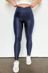 Navy Blue Crossed Dip Waist Sleek Leather Leggings Bottoms JT's Designer Fashion