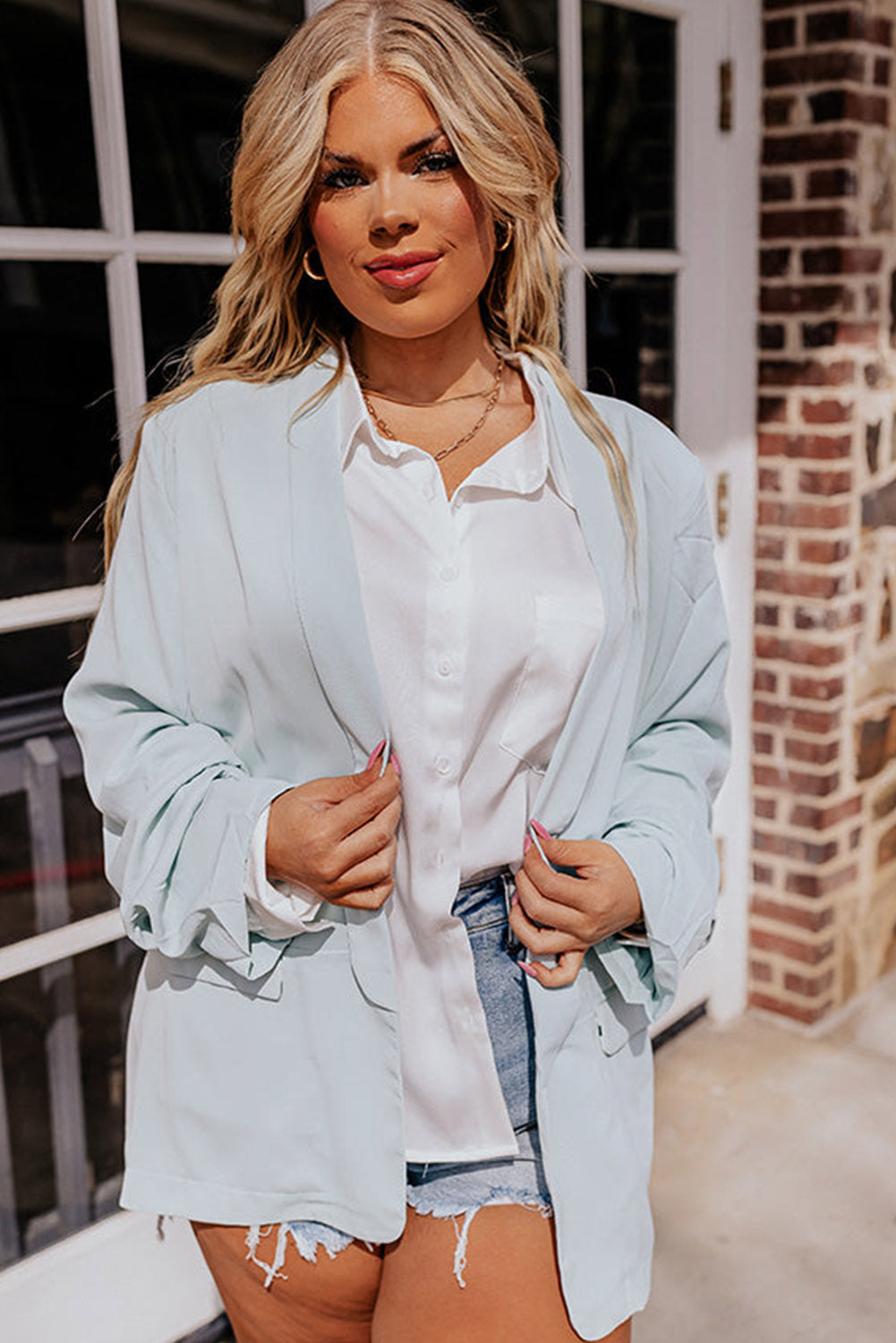 Sky Blue Plus Size Soft Lightweight Lapel Pocketed Blazer Plus Size JT's Designer Fashion