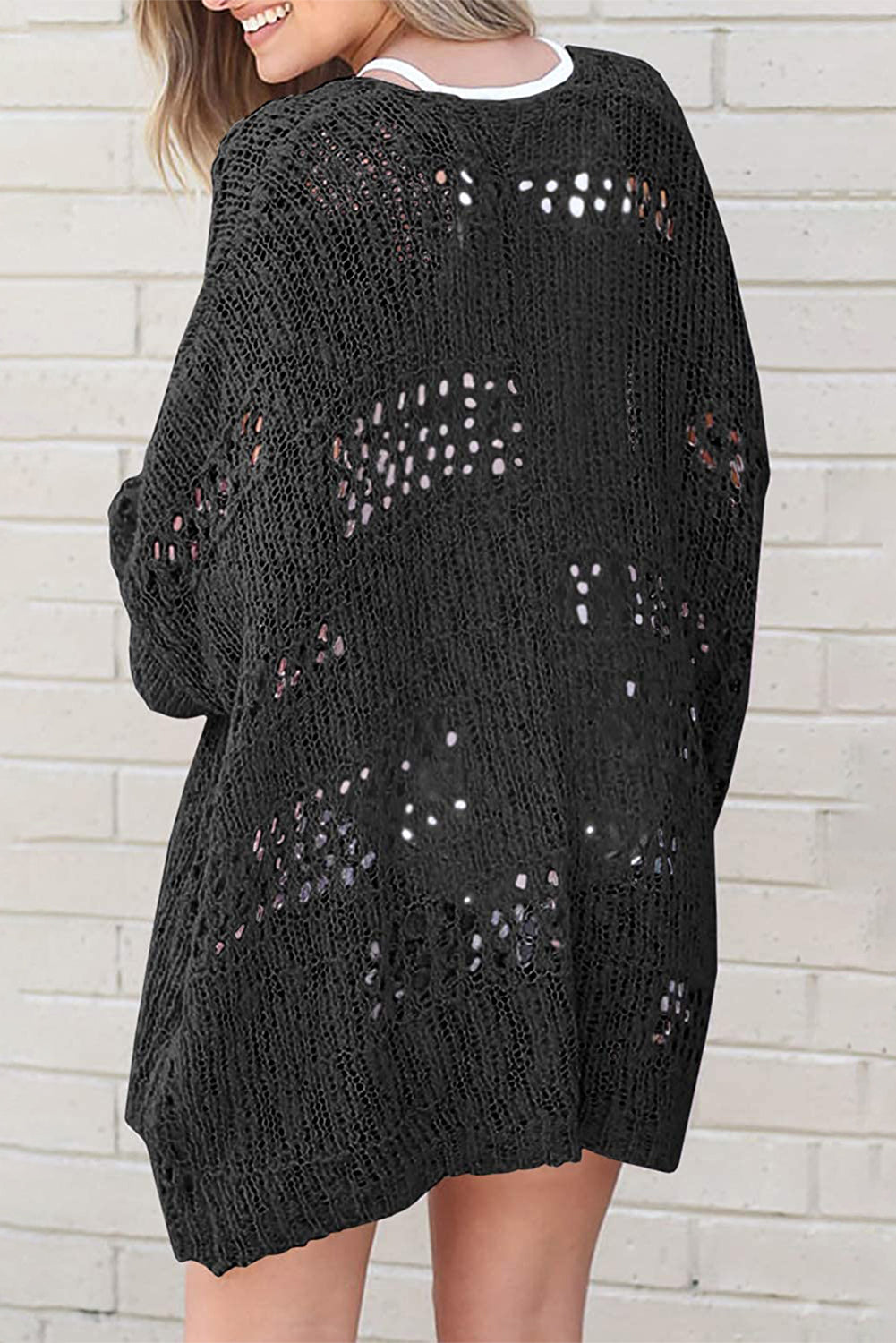 Black White Casual Hollowed Knit Dolman Sleeve Cardigan Sweaters & Cardigans JT's Designer Fashion