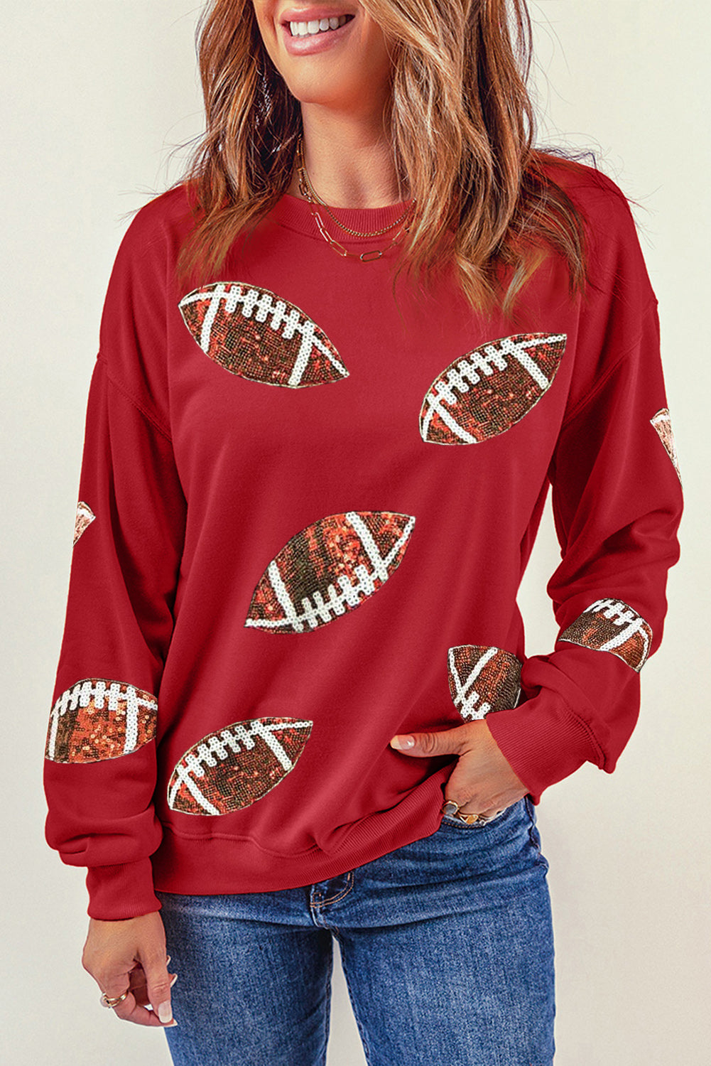 Red Sequined Rugby Graphic Drop Shoulder Sweatshirt Red-2 70%Polyester+30%Cotton Graphic Sweatshirts JT's Designer Fashion