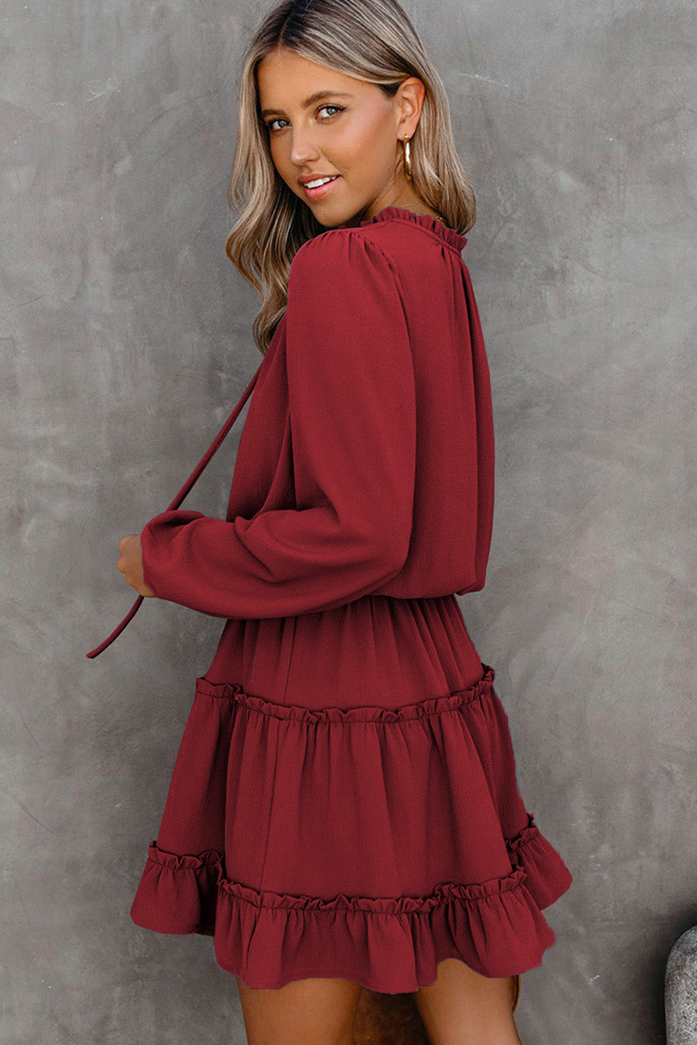 V Neck Long Sleeve Ruffle Tiered Mini Dress Mini Dresses JT's Designer Fashion