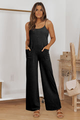 Black Loose Fit Side Pockets Spaghetti Strap Wide Leg Jumpsuit Jumpsuits & Rompers JT's Designer Fashion