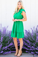 Bright Green Split V Neck Elastic Waist Ruffled Dress Dresses JT's Designer Fashion