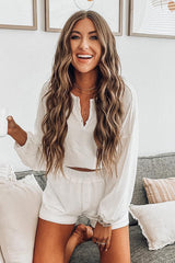 White Waffle Knit Buttoned Long Sleeve Crop and Shorts Lounge Set Loungewear JT's Designer Fashion