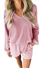 Pink Corded V Neck Slouchy Top Pocketed Shorts Set Bottoms JT's Designer Fashion