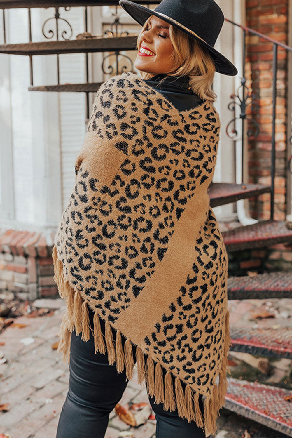 Leopard Plus Size Tasseled Hem Draped Poncho Plus Size JT's Designer Fashion