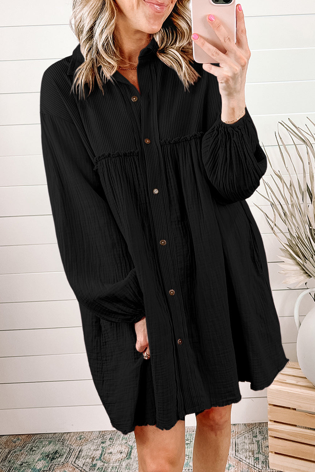 Black Pink Patchwork Crinkle Puff Sleeve Shirt Dress Dresses JT's Designer Fashion