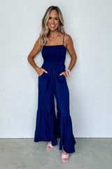 Navy Blue Spaghetti Straps Smocked Ruffled Wide Leg Jumpsuit Bottoms JT's Designer Fashion