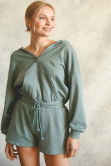 Blue Solid Hooded Sweatsuit Style Romper Bottoms JT's Designer Fashion