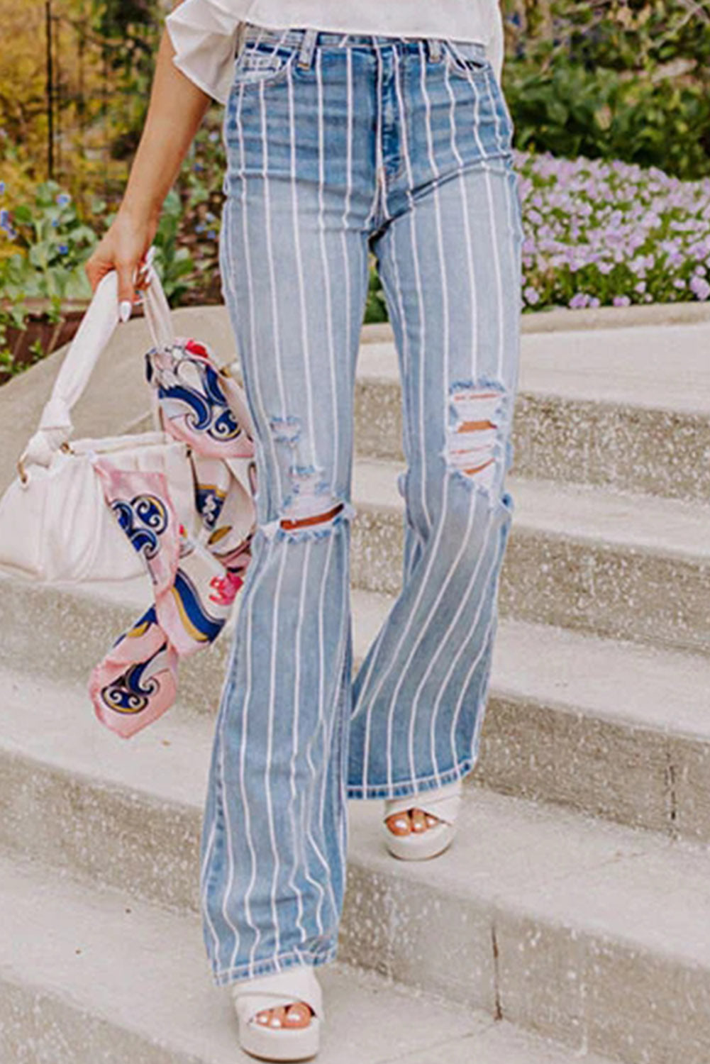 Sky Blue Vertical Striped Ripped Flare Jeans Bottoms JT's Designer Fashion