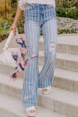 Sky Blue Vertical Striped Ripped Flare Jeans Bottoms JT's Designer Fashion