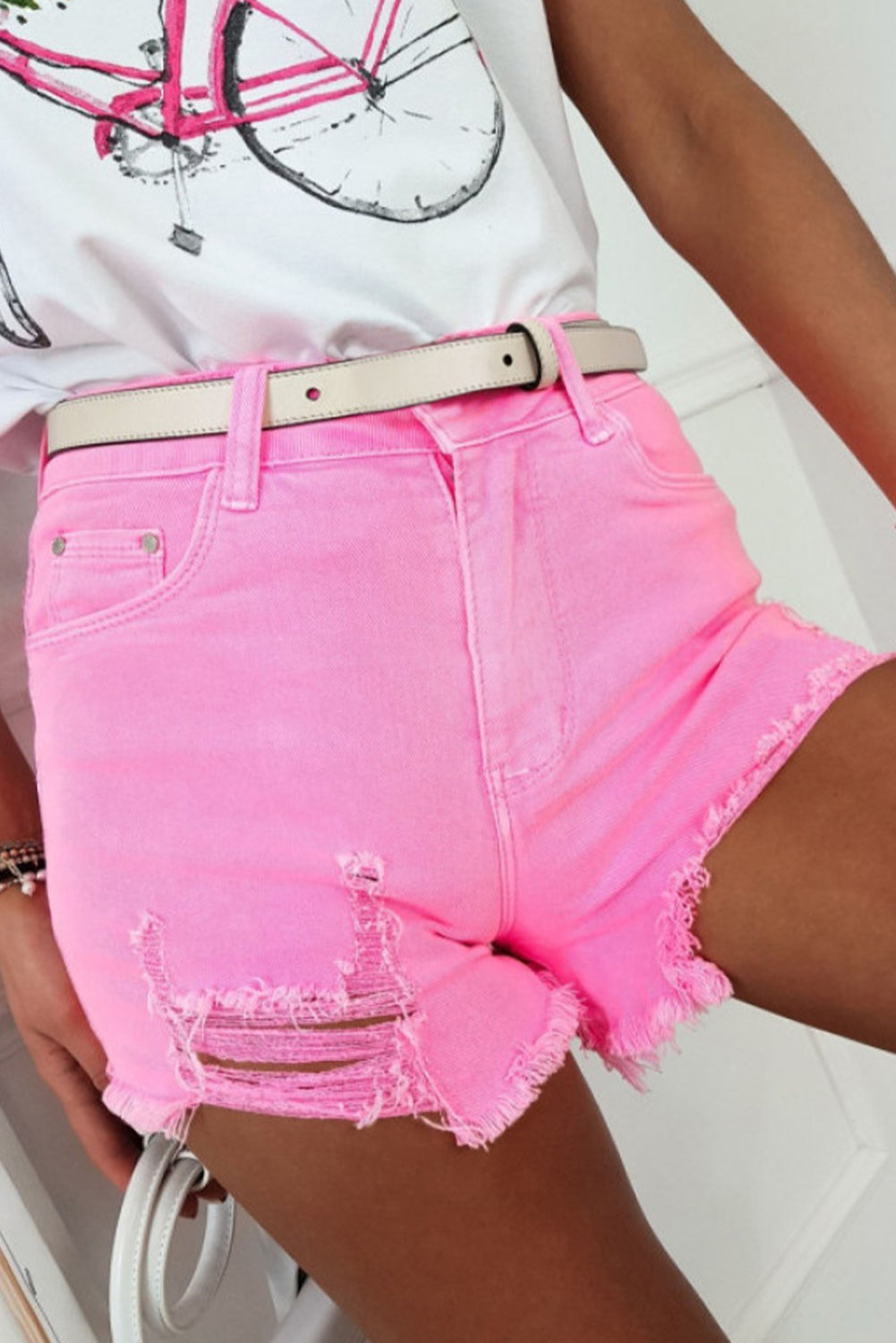 Rose Solid Color Distressed Denim Shorts Denim Shorts JT's Designer Fashion