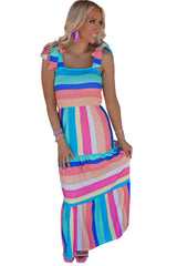 Multicolor Color Block Striped Bow Knot Straps Long Dress Maxi Dresses JT's Designer Fashion