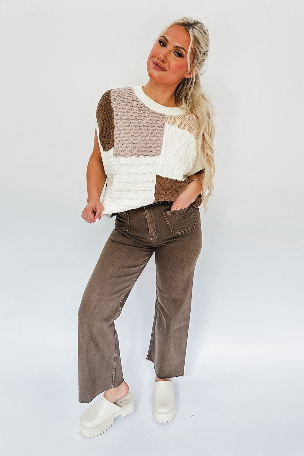 Multicolor Mixed Patterned Colorblock Textured Sweater Vest Sweaters & Cardigans JT's Designer Fashion