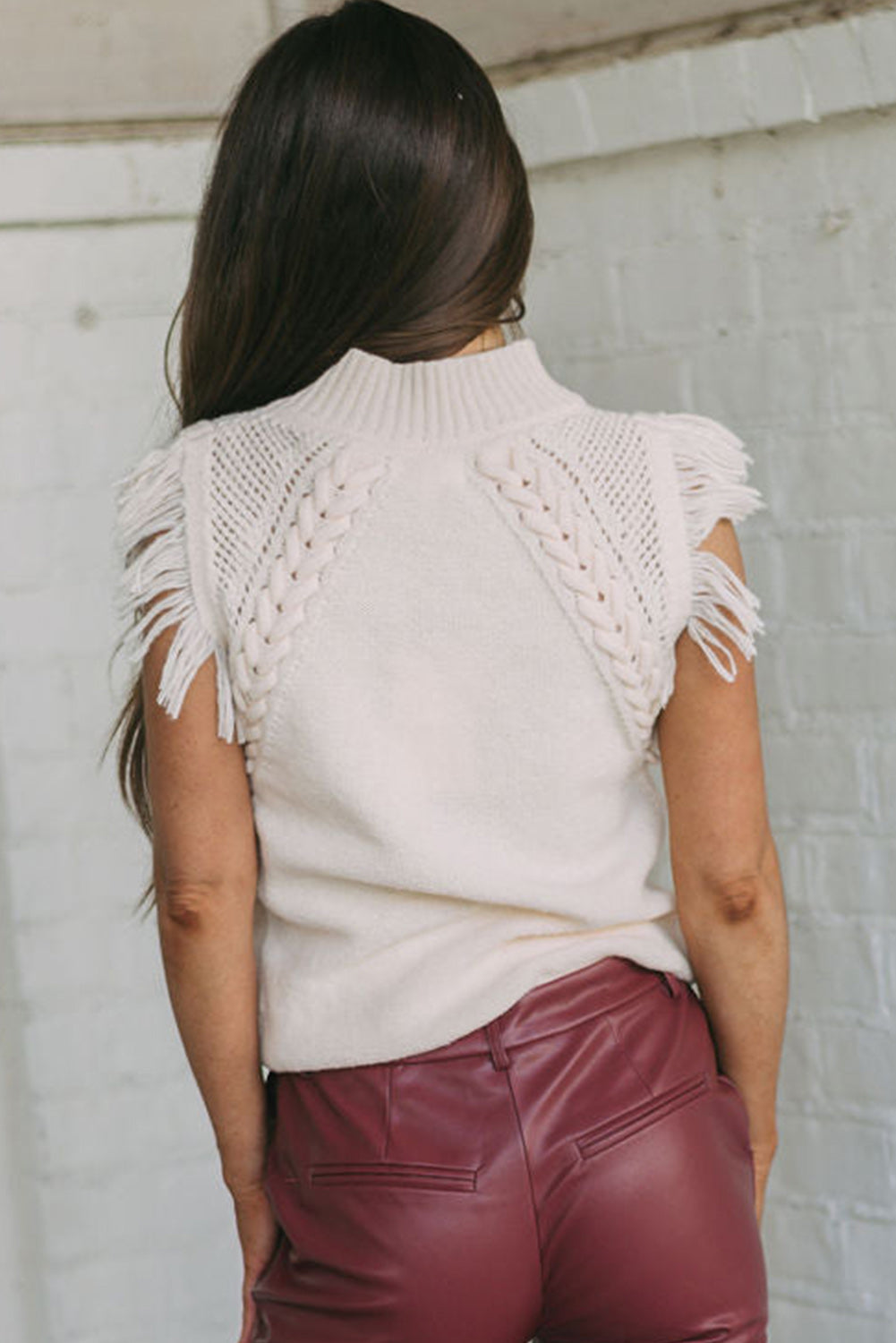 Bright White Woven Tasseled Sleeveless Mock Neck Knit Sweater Sweaters & Cardigans JT's Designer Fashion