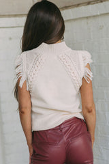 Bright White Woven Tasseled Sleeveless Mock Neck Knit Sweater Sweaters & Cardigans JT's Designer Fashion