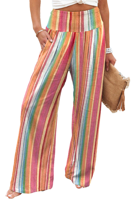 Multicolor Striped Smocked High Waist Wide Leg Pants Bottoms JT's Designer Fashion