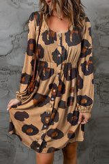 Leopard Animal Print Buttoned Front Bubble Sleeve Loose Knit Dress Dresses JT's Designer Fashion