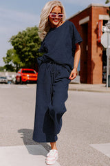 Navy Blue Gray Textured Loose Fit T Shirt and Drawstring Pants Set Bottoms JT's Designer Fashion
