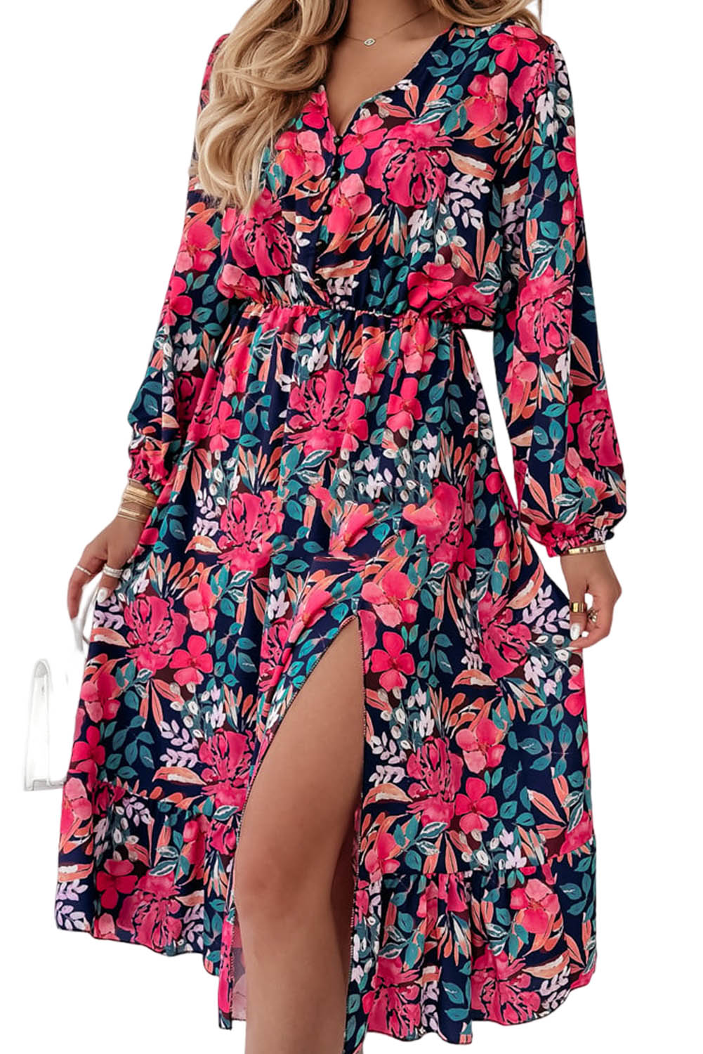 Red V Neck Elastic High Waist Split Floral Dress Dresses JT's Designer Fashion