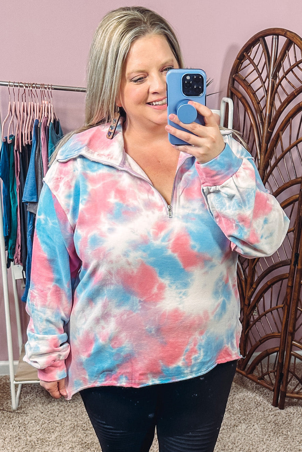 Multicolor Plus Size Tie-dye Zipped Collared Pullover Sweatshirt Plus Size JT's Designer Fashion