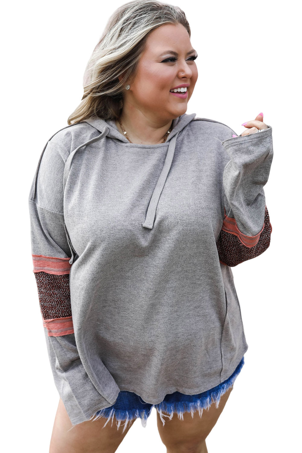 Gray Contrast Patched Sleeve Plus Size Hoodie Plus Size JT's Designer Fashion