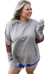 Gray Contrast Patched Sleeve Plus Size Hoodie Plus Size JT's Designer Fashion