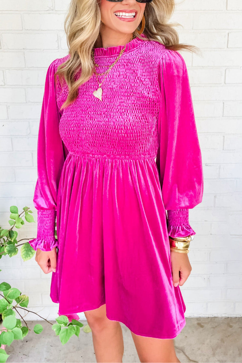 Rose Red Smocked Long Sleeve Ruffle Velvet Dress Dresses JT's Designer Fashion