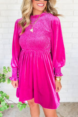 Rose Red Smocked Long Sleeve Ruffle Velvet Dress Dresses JT's Designer Fashion