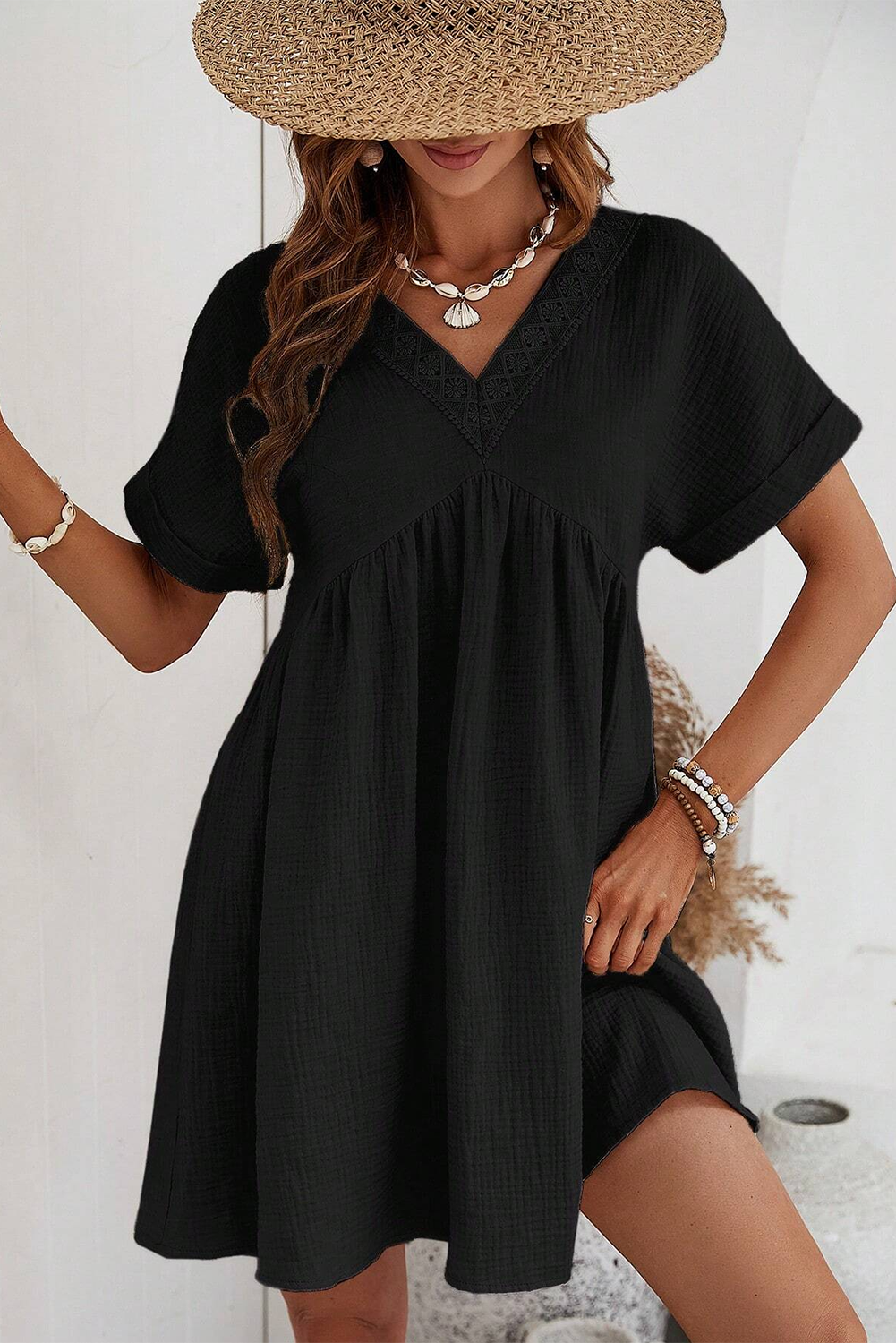 Black Folded Short Sleeve Lace V Neck Mini Dress Dresses JT's Designer Fashion