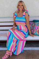 Multicolor Color Block Striped Bow Knot Straps Long Dress Maxi Dresses JT's Designer Fashion