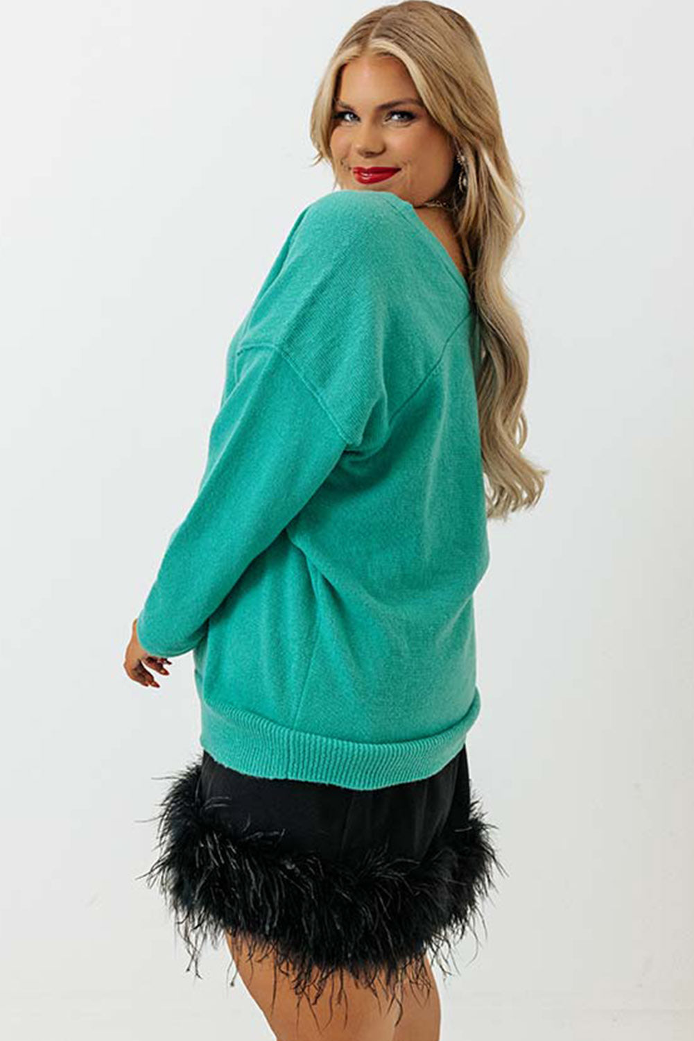Green Plus Size Drop Shoulder V Neck Sweater Plus Size JT's Designer Fashion