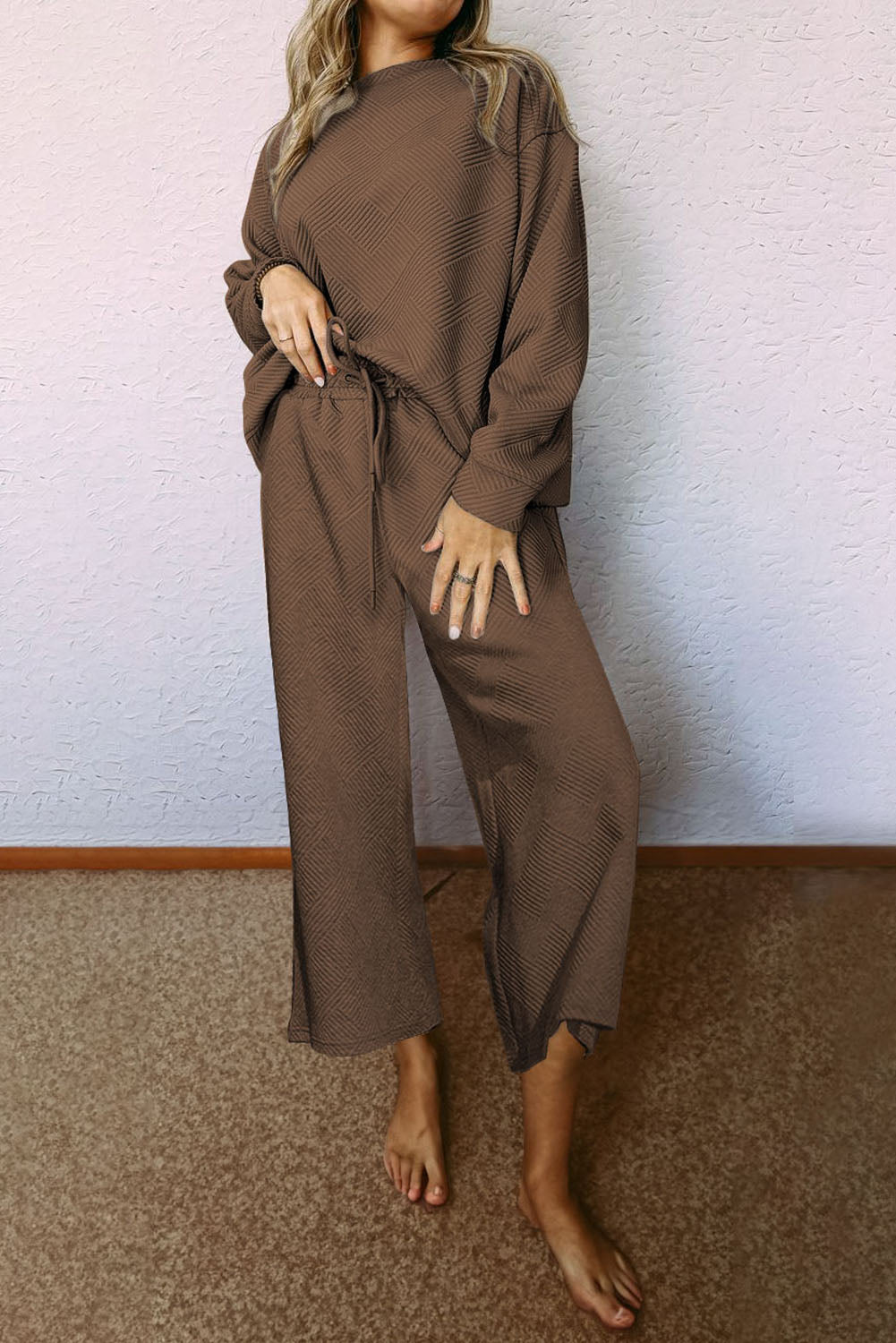 Dark Brown Gray Ultra Loose Textured 2pcs Slouchy Outfit Bottoms JT's Designer Fashion