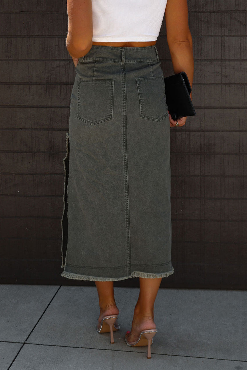 Black High Split Raw Edge Midi Jean Skirt Bottoms JT's Designer Fashion