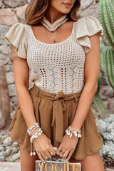 Beige Pointelle Knit Flutter Sleeve Sweater Sweaters & Cardigans JT's Designer Fashion
