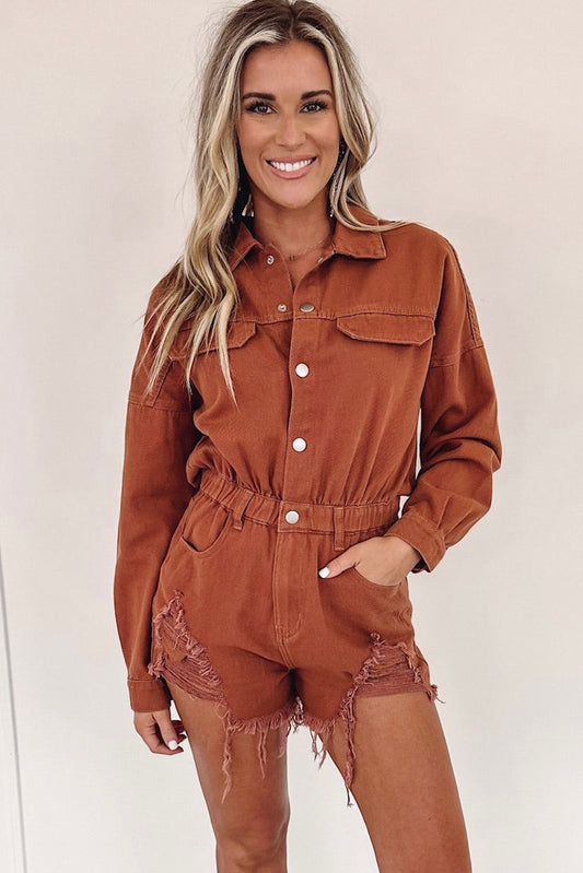 Gold Flame Snap Button Long Sleeve Ripped Romper Bottoms JT's Designer Fashion