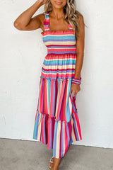 Red Stripe Ruffle Straps Smocked Tiered Long Dress Dresses JT's Designer Fashion