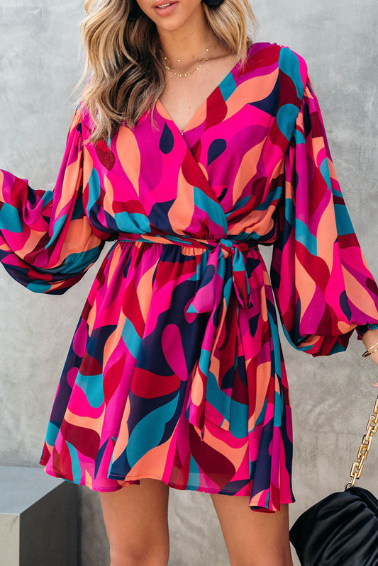 Red Abstract Printed Belted Puff Sleeve Mini Dress Mini Dresses JT's Designer Fashion